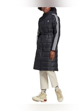 Adidas Hooded Premium Long Puffer Belted Coat Black Small